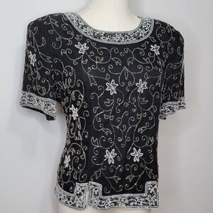 Vintage XL 100% Silk Beaded Black White Top Women's Short Sleeve Evening